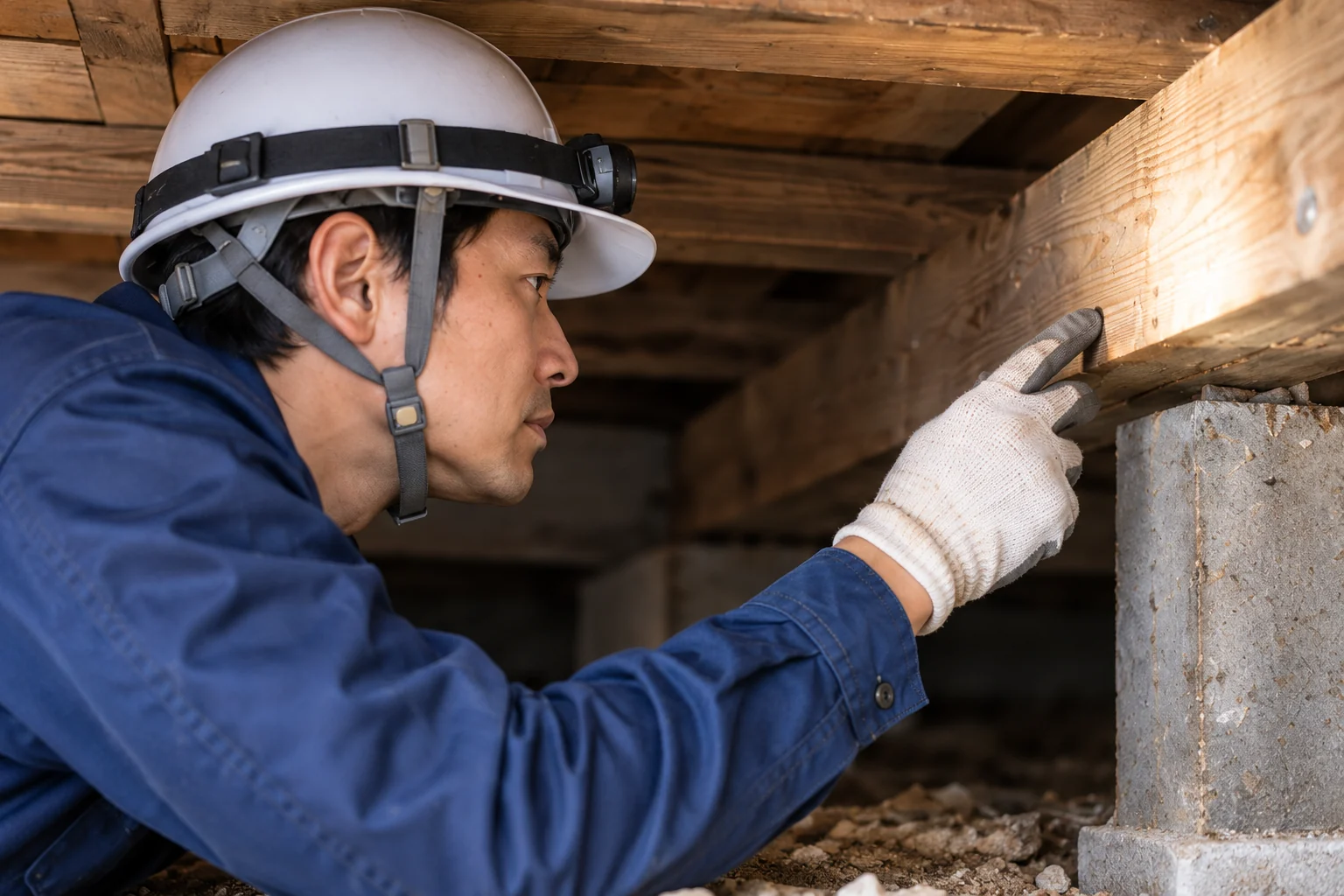 床下で木部の状態を確認する作業員のイメージ