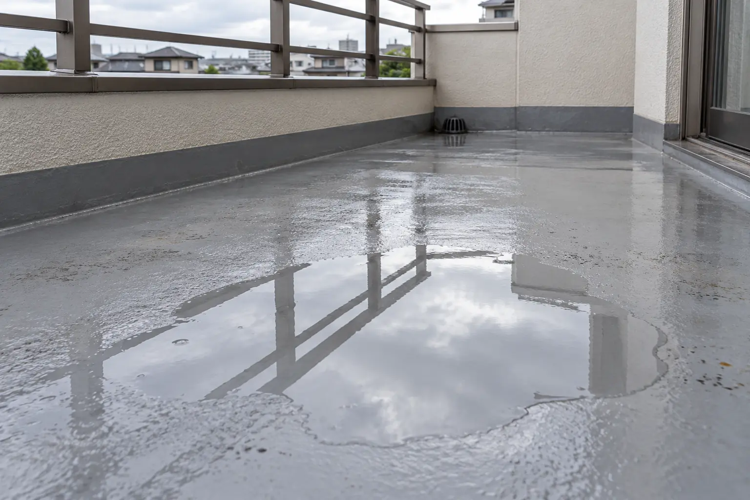ベランダの床に水たまりが残っている状態のイメージ