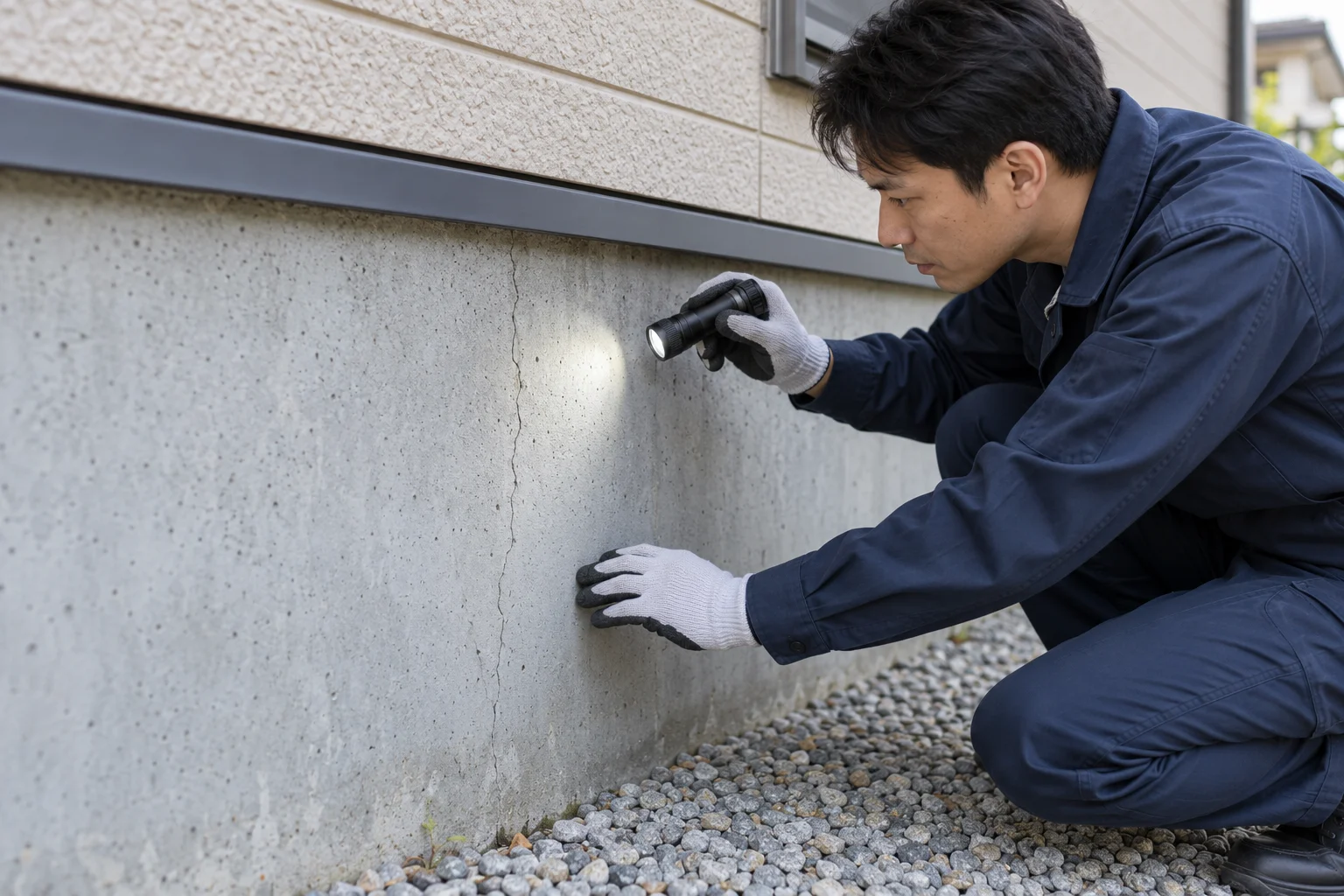 住宅のコンクリート基礎のひび割れを確認するイメージ