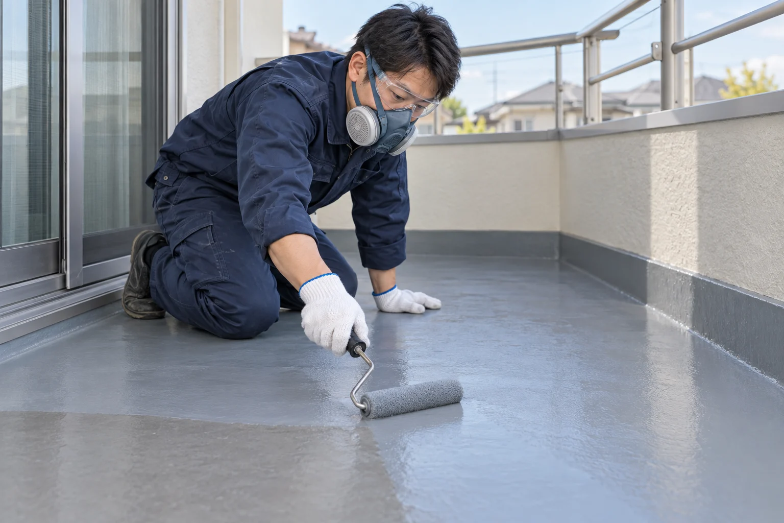 ベランダの床にローラーで仕上げ材を塗る施工イメージ