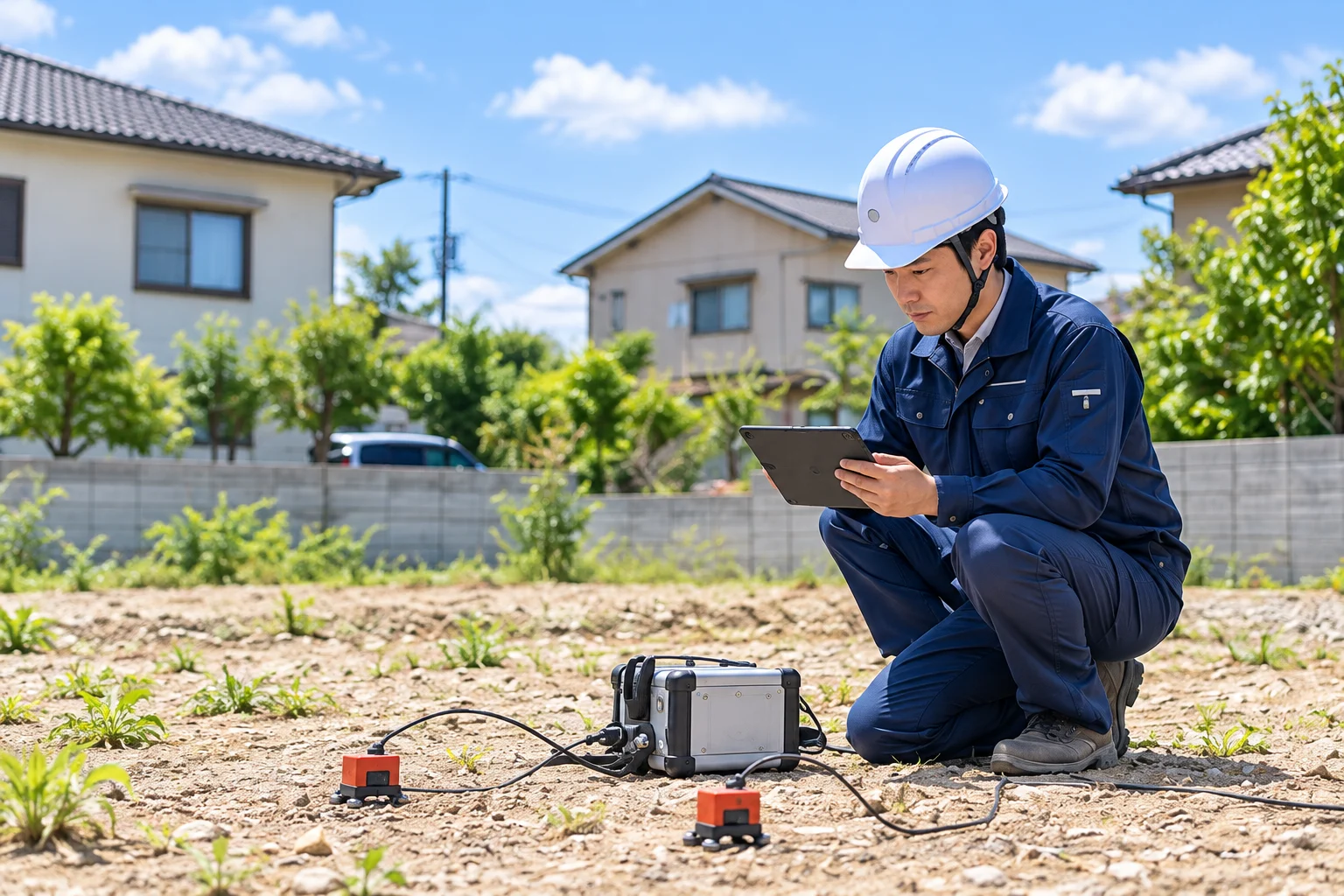 住宅建築予定地で機器とタブレットを使って調査するイメージ