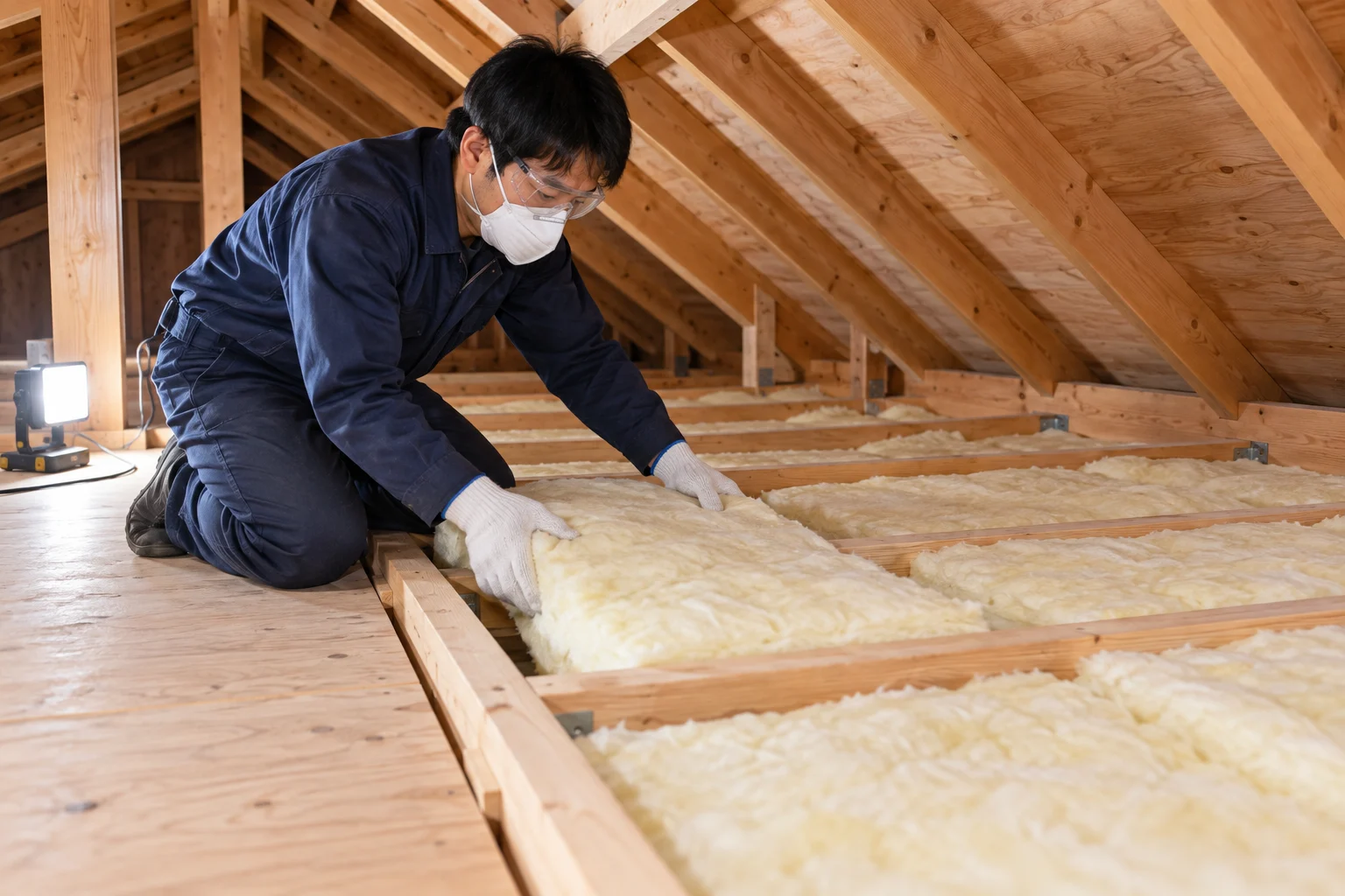 天井裏で天井面に断熱材を敷き込む施工イメージ