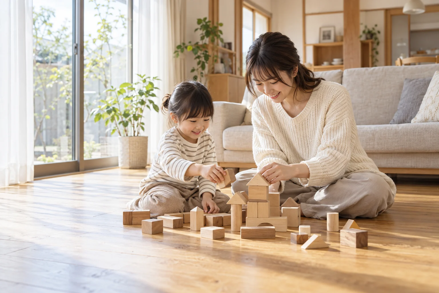 明るいリビングの床で積み木を楽しむ親子のイメージ