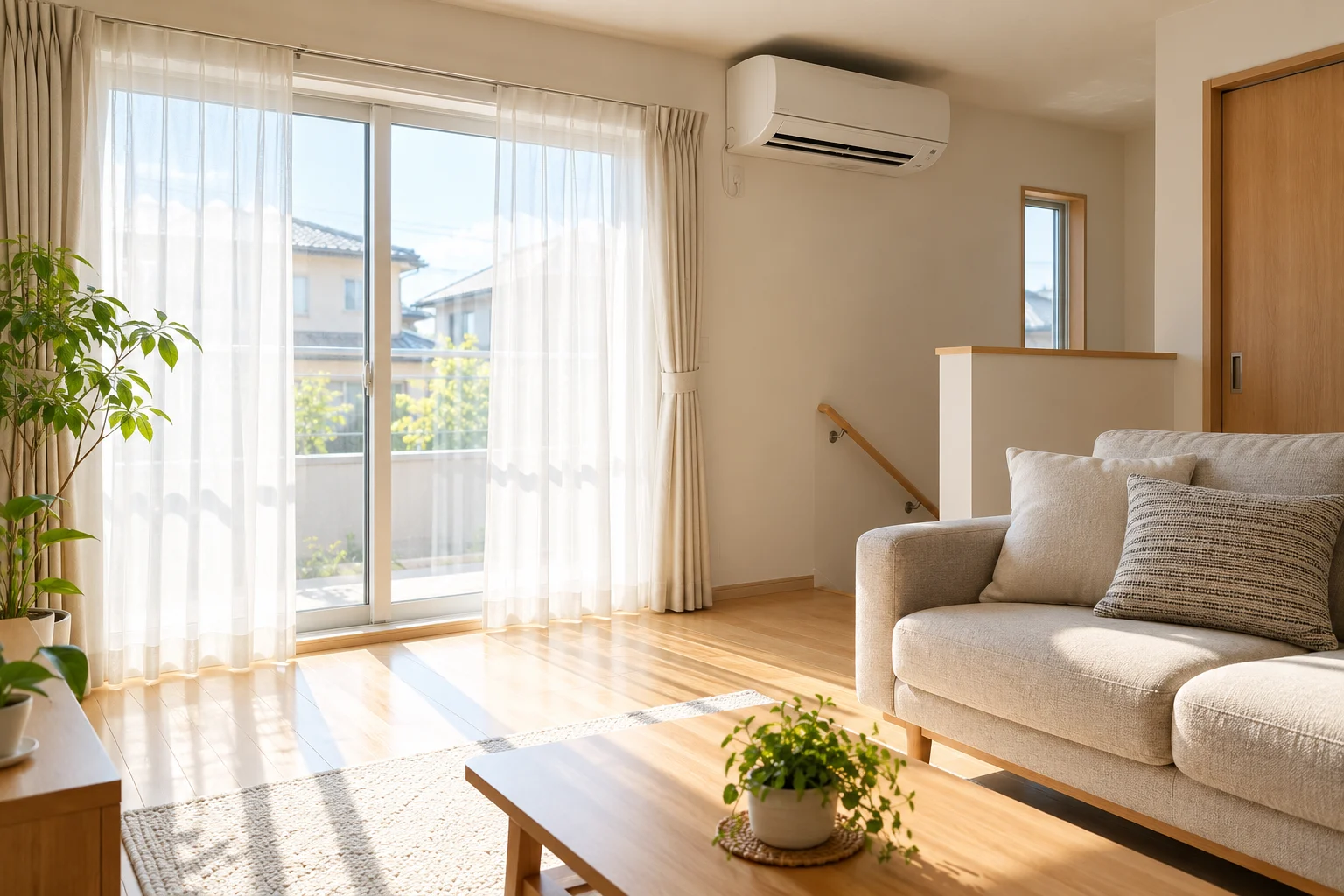 エアコンのある、夏の日差しが差し込む部屋のイメージ